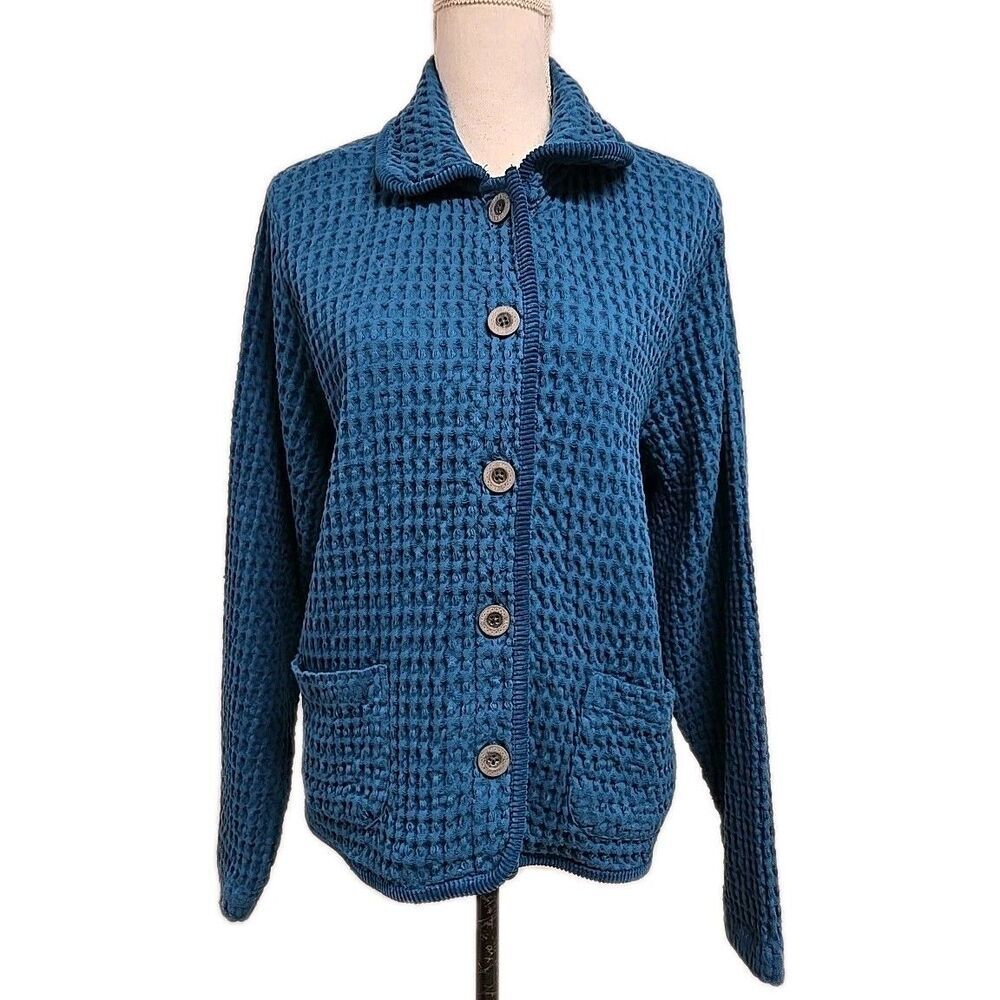 Mododoc Waffle Weave Button Jacket Coat Teal Blue… - image 2